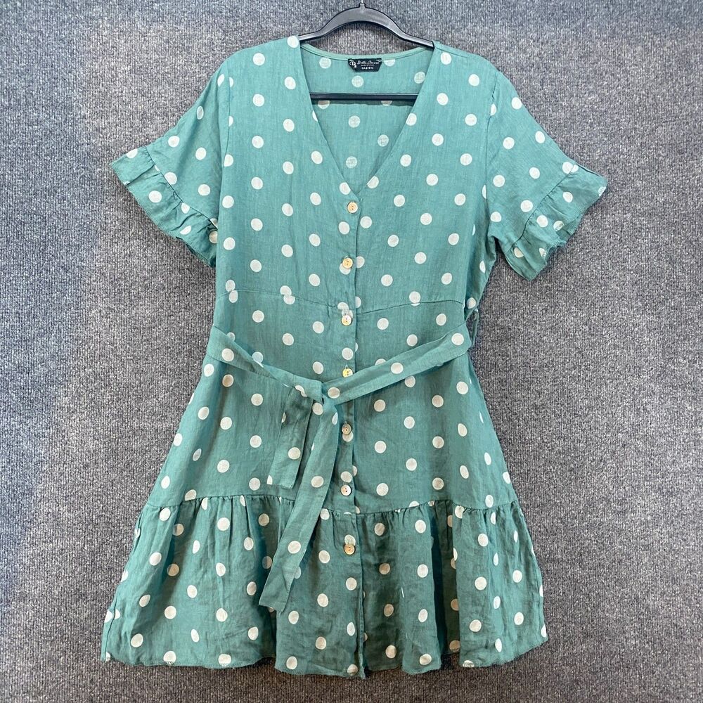 Bella Amore Dress Womens L Linen‎ Green Polka Dots Button Up Old Money Classic